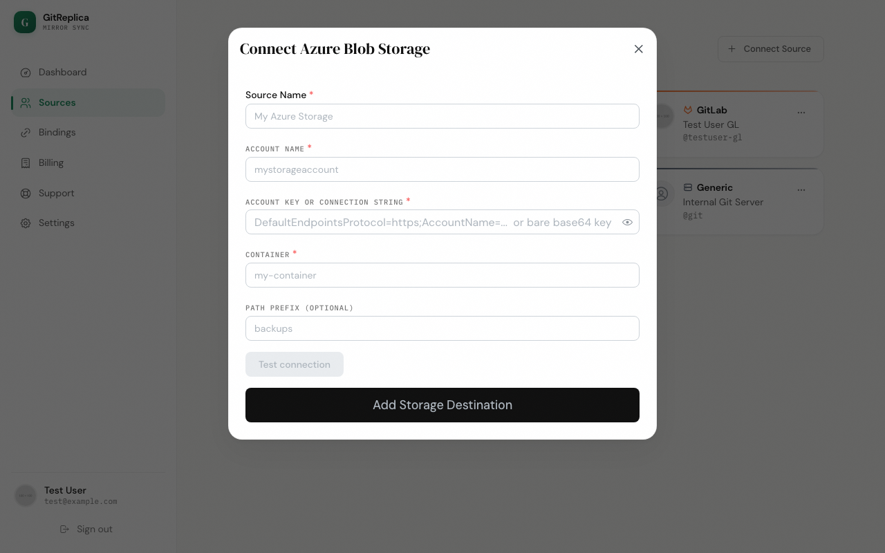 The Azure Blob connection form