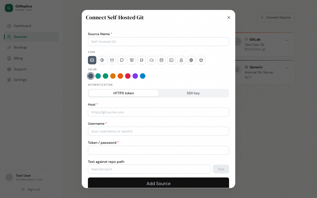 The Custom Git connection form with HTTPS and SSH options