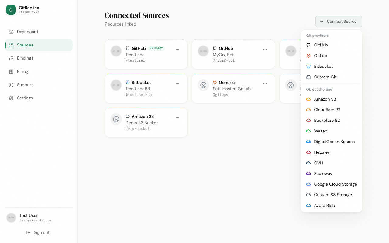 The Connect Source menu listing providers and storage options