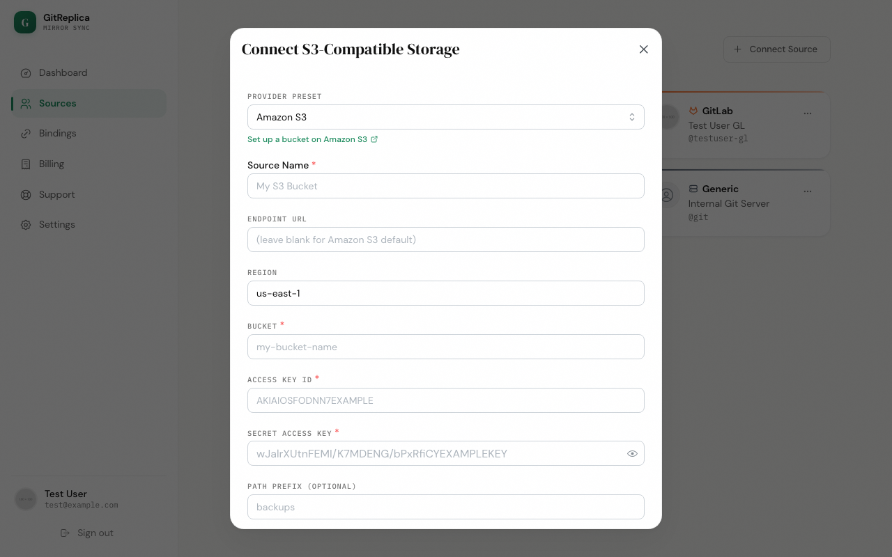 The S3-compatible object storage connection form