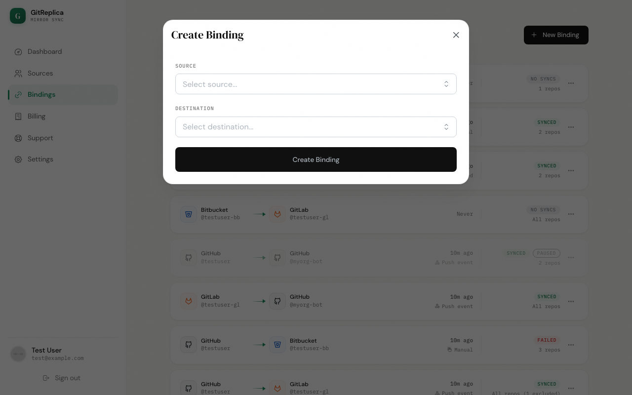 The New Binding form with source, destination, and schedule fields