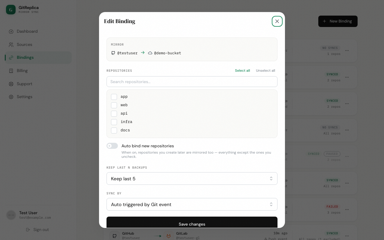 A binding's options including force push and keep last N