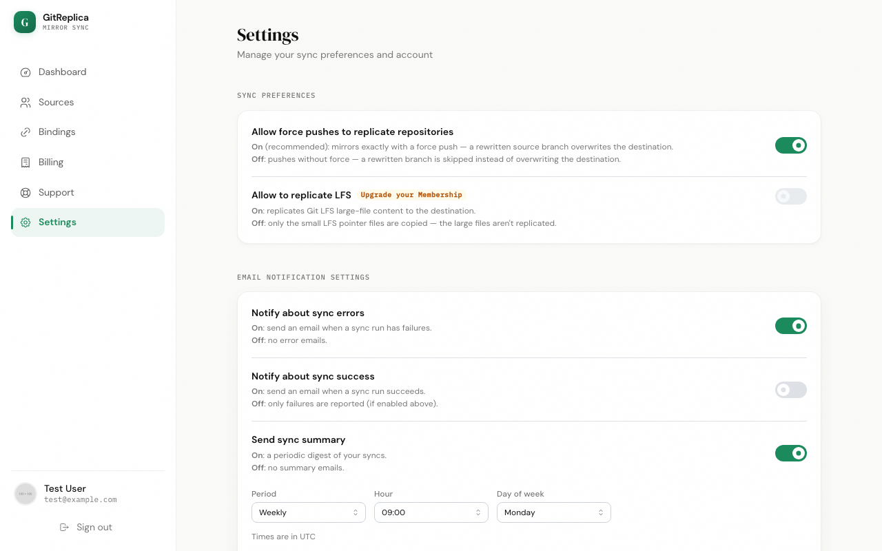 The web Settings page with sync and notification options