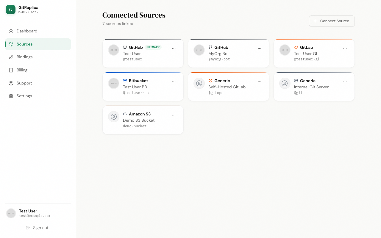 A list of connected sources on the web app